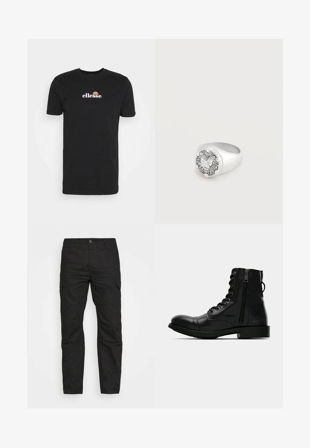 T-shirt en coton noir avec un col rond, des manches courtes et un logo blanc avec un accent orange près de l'encolure.; Pantalons cargo noirs avec une coupe droite, plusieurs poches et une fermeture à bouton, fabriqués en tissu coton durable.; Bottine en cuir noir avec un bout arrondi, lacet à l'avant, fermeture éclair sur le côté et semelle plate. Présente un logo en relief au niveau du talon.; Bague en argent ornée d'une tête de lion détaillée gravée sur le visage rond, avec des accents en forme de griffes autour du bord, sur un fond clair.