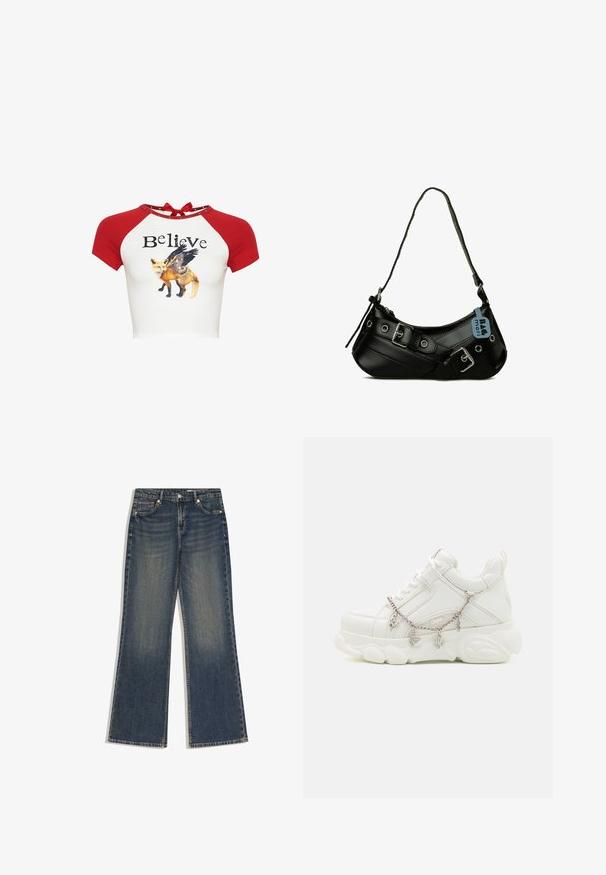 Crop top blanc avec manches raglan rouges, texte « Believe » et un graphisme d’un renard avec des ailes de papillon dans le dos.; Jean en denim bleu foncé avec une taille haute, jambes larges et droites, fermeture à boutons et fermeture éclair à l'avant, et design à cinq poches.; Baskets blanches avec une semelle épaisse, tige en cuir texturé et chaîne en métal décorative avec des breloques. Dispose d'un système de laçage et d'un col rembourré.; Sac à main synthétique noir avec une forme courbée, une bandoulière réglable et des boucles décoratives en métal. Présente une texture lisse et brillante.