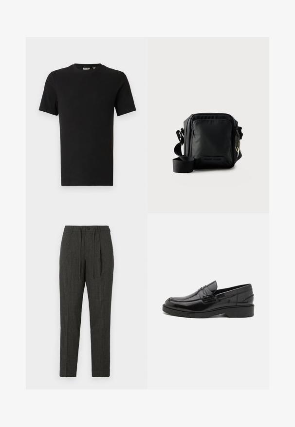 T-shirt noir à manches courtes et col rond avec une texture côtelée, présenté sur un fond gris clair neutre.; Pantalons rayés gris foncé avec une coupe ajustée, dotés d'une fermeture à bouton et d'une taille à cordon, composés d'un tissu texturé.; Mocassins en cuir noir avec une finition lisse, un bout rond, un petit talon et descoutures décoratives à l'avant. Semelle en caoutchouc pour l'adhérence.; Petit sac bandoulière noir compact avec poche zippée à l'avant, bandoulière réglable et tissu texturé sur fond uni.
