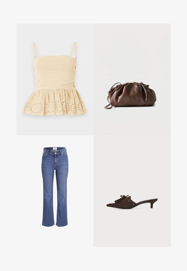 Beige ærmeløs top med tynde justerbare stropper og en flæset kant med broderede blomsterudskæringsmønstre.; Mørkeblå jeans i denim med høj talje, brede ben og et traditionelt fem-lomme design. Har synlig syning og lukning med en frontknap.; Mørkebrun ruskindspunktet mule med lav kittenhæl, dekorative kvaster og blonderdetalje på hvid baggrund.; Blød brun læderpung med samlet top og tynd strop, hvilende på hvid baggrund.
