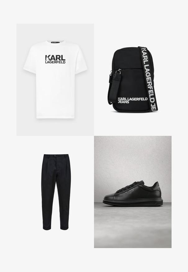Witte katoenen t-shirt met korte mouwen met een zwarte grafische afdruk van de tekst "KARL LAGERFELD" en een silhouet logo.; Zwarte broek van een gladde stof, met een geplooide voorkant, taps toelopende pasvorm en opgerolde mouwen. Eenvoudige knoopsluiting bij de taille.; Persoon die zwarte Karl Lagerfeld sneakers draagt met een zwarte broek, staand op een houten parketvloer tegen een witte gepaneelde muur.; Zwarte stoffen schoudertas met een rechthoekige vorm, voorzien van een ritsvak aan de voorkant en een contrasterende logo-riem in het wit.