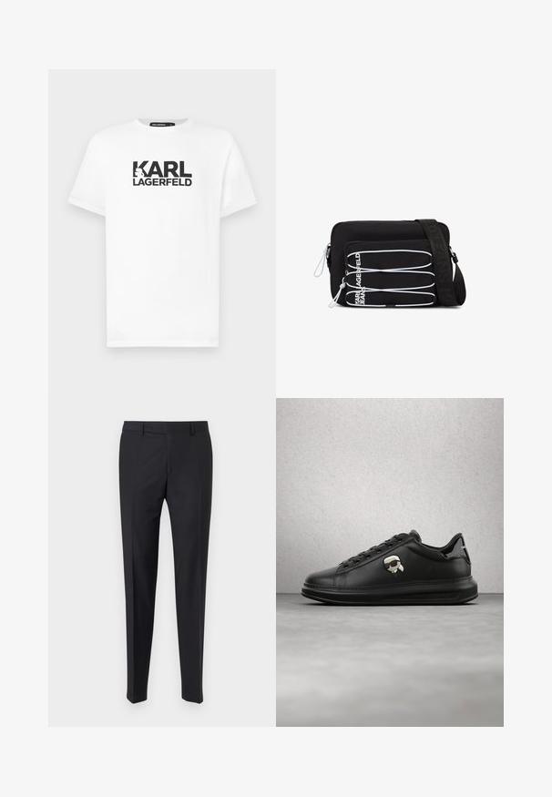 White cotton t-shirt with short sleeves featuring a black graphic design of "KARL LAGERFELD" text and a silhouette logo.; Black dress pants with a tailored fit, flat front, and creased legs; made from smooth fabric with belt loops and a zipper fly.; Person wearing black leather pants and black sneakers with a small cartoon character accessory on the side, standing on wooden floor.; Black crossbody bag with white elastic cords on front pocket and adjustable strap embossed with "JEANS" text.