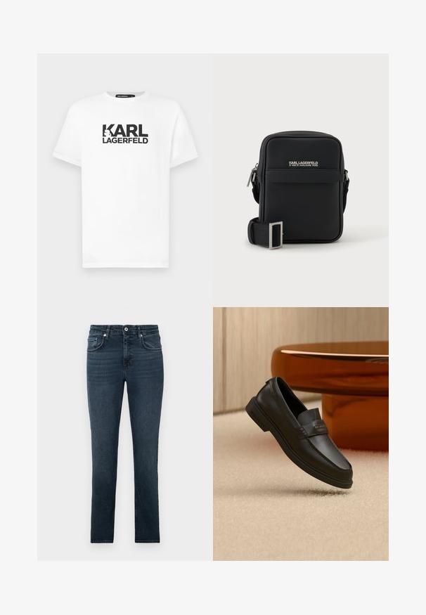 Weißes Baumwoll-T-Shirt mit kurzen Ärmeln, das ein schwarzes Grafikdesign mit dem Text "KARL LAGERFELD" und einem Silhouetten-Logo zeigt.; Dunkelblaue Slim-Fit-Jeans mit Vordertaschen, Knopf und Gürtelschlaufen, auf einem schlichten hellen Hintergrund präsentiert.; Schwarzer Leder-Schlupfschuh mit gesteppten Akzenten, erhöhtem Schaft und flacher Gummisohle, auf einer weichen beigen Oberfläche platziert.; Kompakte schwarze Umhängetasche mit verstellbarem Riemen und Vordertasche, mit weißem Karl Lagerfeld-Logo und Paris-Adresstext.
