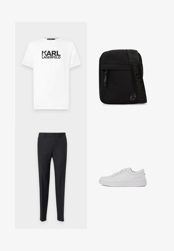 Witte katoenen t-shirt met korte mouwen met een zwarte grafische afdruk van de tekst "KARL LAGERFELD" en een silhouet logo.; Zwarte broek met een getailleerde pasvorm, platte voorkant en geplooide broekspijpen; gemaakt van een soepel stof met riemlussen en een ritsluiting.; Witte leren sneakers met een klassiek low-top ontwerp, platte zool en subtiele merklogo op de hiel. Voorzien van vijf metalen oogjes voor veters.; Zwarte crossbody tas met voorvak met rits, dikke band met 'KARL LAGERFELD' reliëf en metalen logo detail in de onderste hoek.