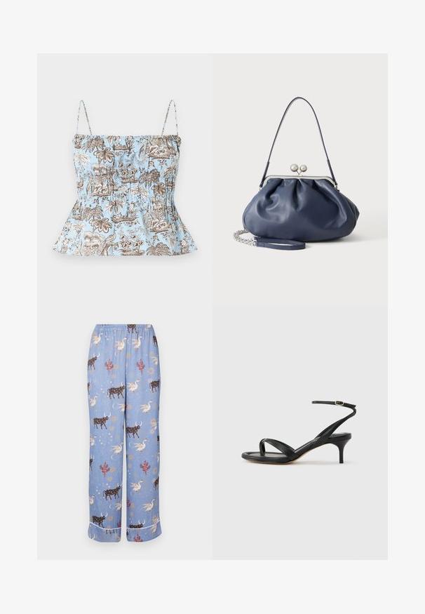 Top azul claro sin mangas con tirantes finos, con estampados tropicales de flores y palmeras en tonos marrón y blanco, y un dobladillo ligeramente acampanado.; Pantalones de pijama azules con un patrón caprichoso que presenta vacas, criaturas míticas y elementos celestiales; cinturilla elástica y piernas anchas.; Sandalia negra de cuero para mujer con tiras finas, un lazo para el dedo del pie, hebilla en el tobillo y tacón de aguja de altura media sobre un fondo neutro.; Bolso de mano de cuero azul marino suave con cierre de broche plateado, una correa de hombro y correa de cadena desmontable para la muñeca sobre fondo blanco.