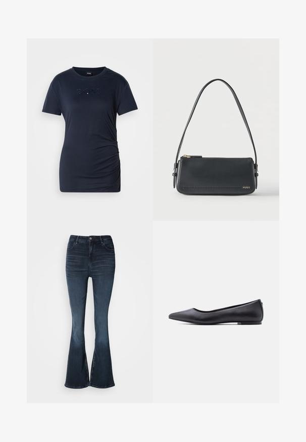 Camiseta de manga corta azul marino con detalles fruncidos en los laterales y sutil logo de lentejuelas "BOSS" centrado en el pecho.; Jeans de mezclilla de campana en azul oscuro con cintura alta, cierre de botón, bolsillos frontales y un sutil desgaste en los muslos y las rodillas.; Zapato plano de cuero negro con punta puntiaguda y tacón bajo, mostrado de perfil contra un fondo blanco.; Bolso de hombro rectangular de cuero negro con cremallera dorada y pequeño logo dorado "HUGO" en el frente, con una correa ajustable con hebilla.