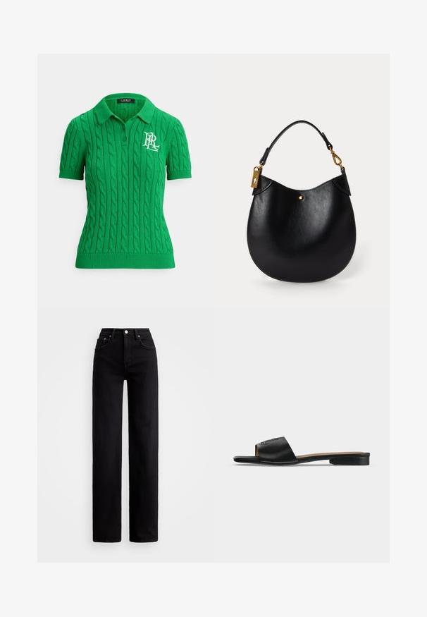 Groen gebreid poloshirt met een kabelpatroon, korte mouwen en een geribde kraag. Voorkant met een wit geborduurd logo.; Hoge taille zwarte jeans met een rechte pijp, gemaakt van denim, met voorzakken en een zilveren knoopsluiting.; Zwarte platte slides met een brede leren band met een subtiel reliëflogo en een lage hak.; Zwarte leren handtas met een ronde vorm, korte handgreep, gouden hardware en een subtiele gouden stipaccent aan de voorkant. Glad van structuur.