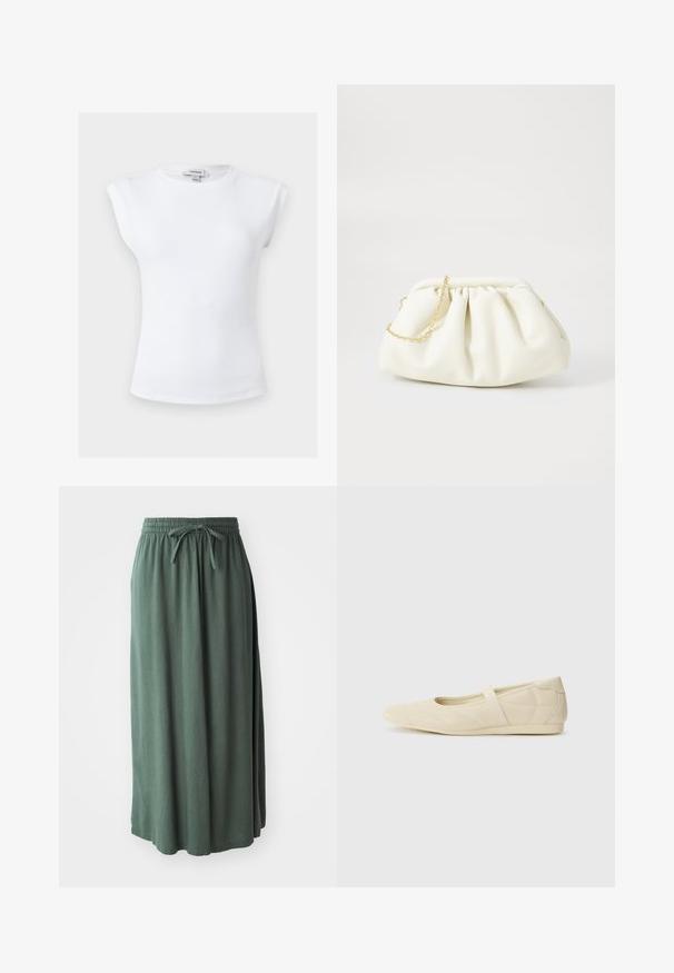 Hvid ribbet ærmeløs top med polstrede skuldre og rund halsudskæring, størrelse small, mærket Topshop indvendigt i kraven.; Grøn, mellemlang nederdel lavet af blødt stof med elastisk talje og justerbar snøre; glat tekstur og enkelt design.; Lysebrune ballet flats med en glat læderoverflade, mandelformet tå og elastisk rem over vristen, med diskrete syninger.; Hvid læderhåndtaske med en samlede design, forsynet med en guldkæde-strop og en rund form. Glat tekstur med bløde folder og ingen mønstre.