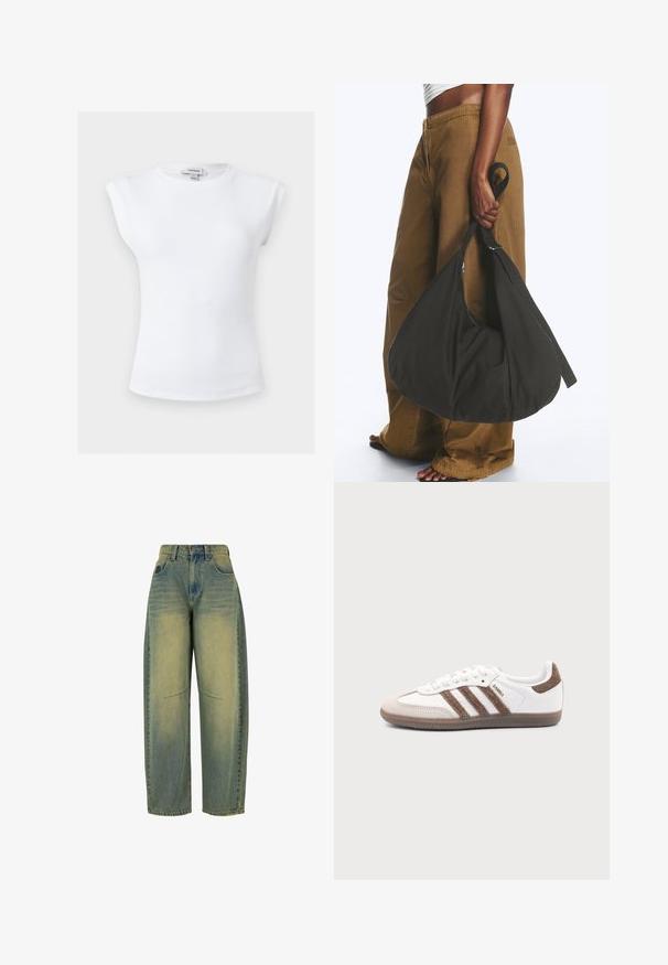 Hvid ribbet ærmeløs top med polstrede skuldre og rund halsudskæring, størrelse small, mærket Topshop indvendigt i kraven.; Bredde ben denim jeans i lys blå med bleget struktur. Har fem lommer og høj talje. Ren kant og subtile syningsdetaljer.; Hvid Adidas Samba sneaker med brune ruskindstriber, brun gummisål og beige ruskindståhætte, vist fra ydersiden på en ensfarvet baggrund.; Person iført brune vidde bukser og hvid top holder en stor sort blød håndtaske i remmen ved siden.