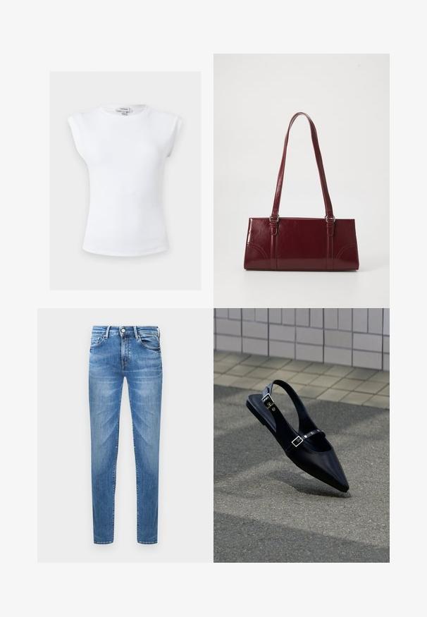 Biely rebrovaný tielko bez rukávov s vystuženými ramenami a okrúhlym výstrihom, veľkosť malá, značková etiketa Topshop vo vnútri goliera.; Svetlomodré džínsy s úzkym strihom. Medzi ich vlastnosti patrí zapínanie na gombík, päť vreciek a efekt ošúchania na stehnách.; Čierne ploché sandále s ostrou špičkou a dvojitými prackami na opätku, položené na sivej asfaltovej ceste pri pozadí z obkladanej steny.; Bordová kabelka vyrobená z lesklého materiálu, obdĺžnikový tvar, s dvoma ramennými popruhmi a jemnými zakrivenými akcentmi na prednej strane.