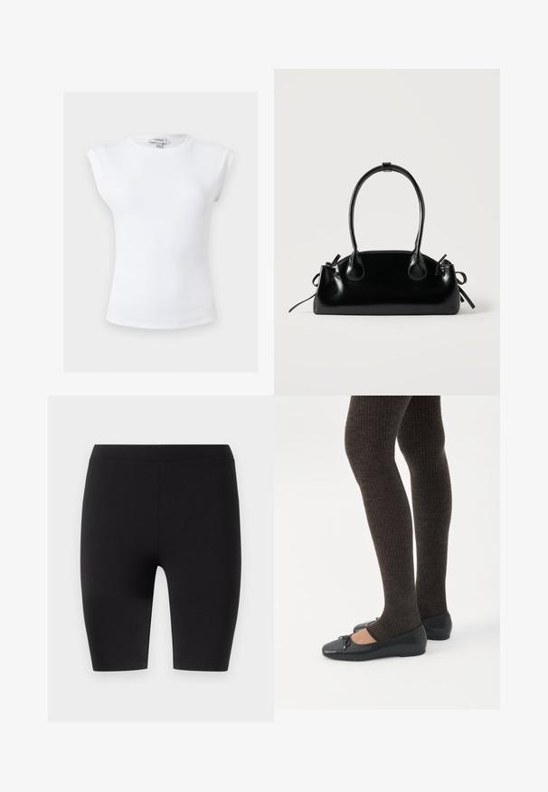 Valge soonikkoes varrukateta pluus polsterdatud õlgade ja ümar kaelusega, suurus väike, Topshopi silt krae sees.; Mustad, põlvi katvad leggings, mis on valmistatud elastsemast kangast. Omavad sujuvat tekstuuri ning laia elastset vöökohta mugavuseks ja sobivuseks.; Jalad seljas tumedad soonelises soonelises kombines mustade baleriinadega, millel on väikesed paelade detailid valgel taustal.; Väike must läikiv käekott kahe pika sangaga ja külgedel paelakinnitustega, ühel lihtsal helel taustal.