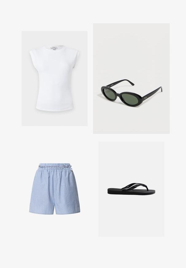 Weißes, geripptes ärmelloses Top mit gepolsterten Schultern und Rundhalsausschnitt, Größe klein, mit Topshop-Label innen am Kragen.; Gestreifte blaue Shorts mit einem elastischen Taillenbund und geflochtenem Kordelzug. Verfügt über vertikale weiße Streifen und ein entspanntes Design.; Schwarze Gummizehensandale mit strukturiertem Fußbett und Y-förmigem Riemen, der an der Seite ein dezentes, erhabenes Markenlogo trägt.; Schwarze ovale Ray-Ban Sonnenbrille mit grün getönten Gläsern und schlanken Bügeln, schräg auf einer weißen Oberfläche platziert.
