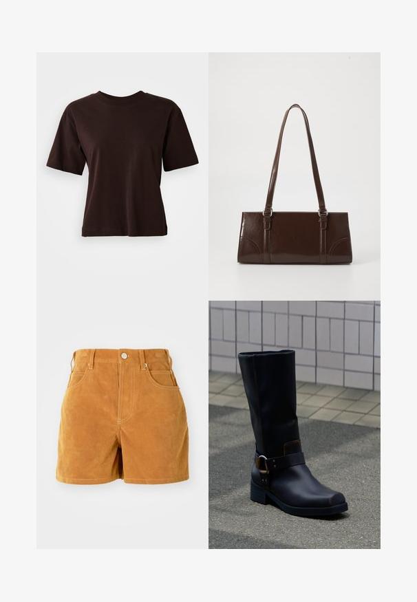 Camiseta de algodón marrón, de manga corta, con cuello redondo, corte relajado, textura suave, sin patrones ni acentos visibles. Diseño simple.; Pantalones cortos de ante marrón de cintura alta con botón frontal, lazos para cinturón y diseño de cinco bolsillos sobre un fondo blanco liso.; Bota de cuero negra a media pantorrilla con tacón bajo y una correa decorativa con hebilla metálica, apoyada sobre una superficie pavimentada gris cerca de una pared alicatada.; Bolso de mano de piel sintética marrón con forma rectangular, dos asas largas y sutiles acentos curvados en la parte delantera.