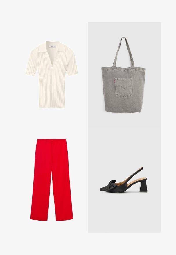 Mango Poloshirts - white; Røde, vide sweatpants lavet af blødt stof, med elastisk talje og snøre, samt to sidelommer for bekvemmelighed.; Sort slingback-sko med spids næse, der har en detalje af stofsløjfe og en lav, blokhæl. Materialet virker glat med en mat finish.; Grå denim-tote taske med dobbelte håndtag og en syet firkantet lomme med en lille rød mærkat på en ensfarvet baggrund.