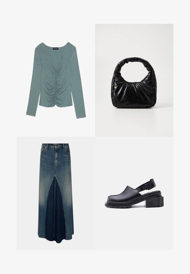 Pikendusega V-kaelusega särk pehmest, summutatud rohelisest kangast. Esiosas on kogutud detailid ja peened õmblused äärtes.; Sinine denim maxi-seelik esi inversse pleatsiga, vöökohtadega, nupuga ja tõmblukuga kinnitamine ning pleekinud pesu detailidega.; Must nahast tagant rihmuga kingad kinnise varbaosaga, reguleeritava pandlaga rihm, massiivse madala kontsaga ja tekstureeritud tallaga, valgel taustal.; Must mustaga, millel on ümar käepide, särav ja sile pind ning pehme quiltitud tekstuur. Nähtavaid metallosi ega aktsente ei ole.