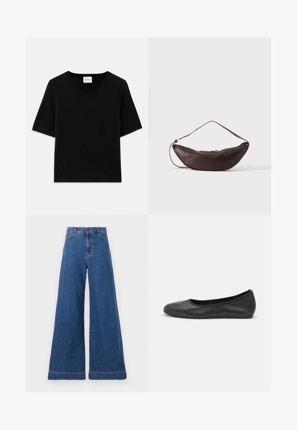 Zwarte gebreide top met korte mouwen en een ronde halslijn. Heeft een soepele textuur en ribbelaccenten langs de halslijn en mouwen.; Lange denim jeans in middenblauw, met een hoge taille, vijf-pocket ontwerp en zichtbare stiksels langs de zoom.; Zwarte leren ballerina met een ronde neus, gladde textuur, minimale stikdetails en een flexibele zoolontwerp.; Donkerbruine leren schoudertas in halve maan vorm met een gebogen band en zichtbare stiksels op een effen achtergrond.