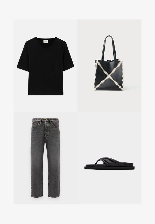 Zwarte gebreide top met korte mouwen en een ronde halslijn. Heeft een soepele textuur en ribbelaccenten langs de halslijn en mouwen.; Donkergrijze jeans van denim, met een rechte pijp, vijf zakken en zichtbare stiksels. Knopenfly sluiting bij de taille.; Zwarte platte sandaal met gewatteerde kruisband en teenriemje, minimalistisch ontwerp tegen een effen lichtgrijze achtergrond.; Zwarte leren draagtas met crèmekleurige stiksels in een X-patroon. Voorzien van twee zwarte handvatten en een ongestructureerde vorm.
