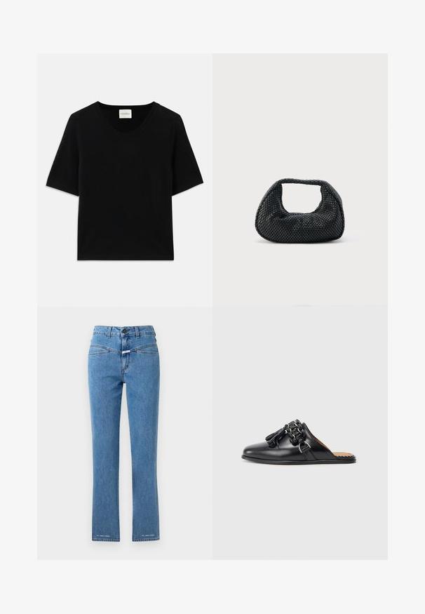 Sort kortærmet strikket top med rund halsudskæring. Har en glat tekstur og ribbede detaljer langs halsudskæringen og ærmerne.; Lysblå denimjeans med lige ben, høj talje og to forlommer. Har knaplukning og mærkegenkendelse nær kanten.; Sorte læder slip-on sko med rund tå, der har en fletket kædeaccent og frynser. Glat tekstur og flad sål.; Sort flettet hobo-taske med blød struktur og integreret håndtag, vist på en ensfarvet lys baggrund.