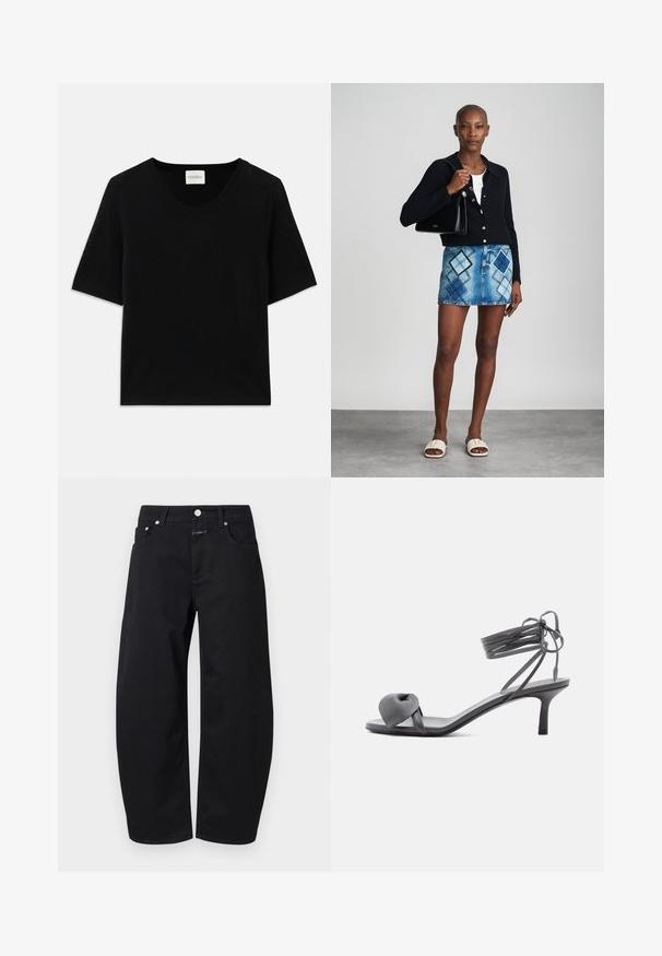 Haut tricot à manches courtes noir avec un col rond. Présente une texture lisse et des accents côtes le long du col et des manches.; CLOSED JAZZIE - Jean boyfriend - black; Sandale à talon en cuir gris avec une bride nouée sur les orteils et des lacets enroulants autour de la cheville, sur un talon moyen et fin, sur fond blanc.; Un cardigan en maille noir, un haut blanc, une jupe en denim avec un motif de diamants bleus et noirs, un sac à main noir et des sandales à enfiler beiges.