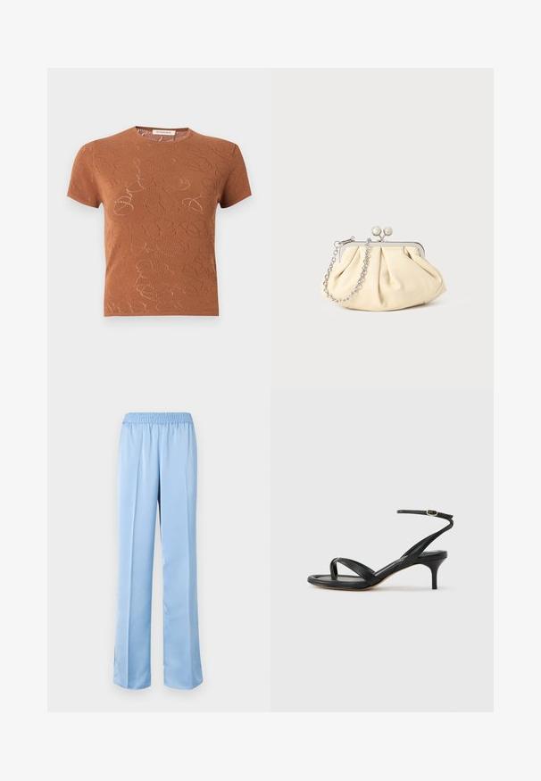 Top marrón de punto de manga corta con cuello redondo y sutil patrón abstracto perforado en toda la tela.; Pantalones de pierna ancha en azul claro con una cinturilla elástica. Textura suave, diseño liso y dobladillo ligeramente acampanado con aberturas laterales en la parte inferior.; Sandalia negra de cuero para mujer con tiras finas, un lazo para el dedo del pie, hebilla en el tobillo y tacón de aguja de altura media sobre un fondo neutro.; Clutch de cuero beige plisado con un marco de metal plateado, que cuenta con dos broches decorativos redondos y una correa de cadena plateada.
