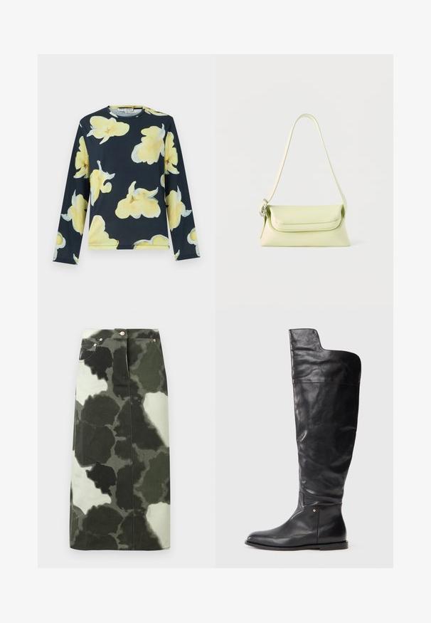Langärmliges Oberteil aus weichem Stoff, mit einem marineblauen Hintergrund, großen gelben Blumenmustern und hellgrünen Akzenten. Klassisches Rundhalsausschnitt-Design.; Cargohosenrock mit Camouflage-Muster in Dunkelgrün und Schwarz, mit hoher Taille, vier Taschen und metallic Akzenten. Mittellang und gerade geschnitten.; Schwarze Lederstiefel bis zum Knie mit flacher Sohle und leicht breiterem oberen Teil, der auf der Außenseite asymmetrisch geschnitten ist.; Hellgrüne Lederhandtasche mit einem einzelnen Riemen und Klappverschluss, präsentiert vor einem weißen Hintergrund.