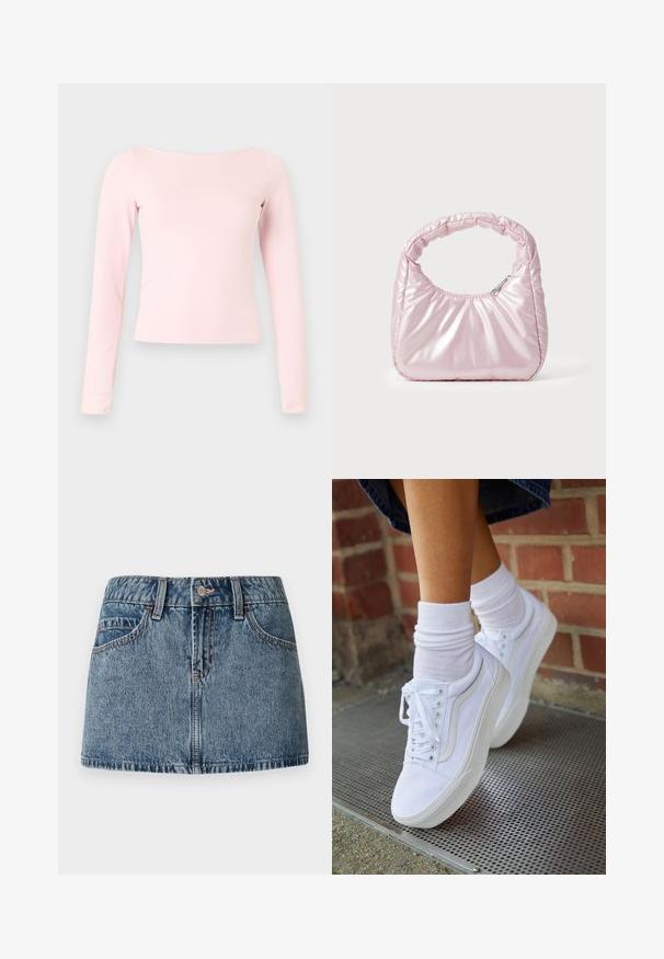 Lichtroze, getailleerd shirt met lange mouwen en een boothals, plat gelegd op een lichtgrijze achtergrond.; Denim mini-jurk in een medium blauwe wash, met een aansluitende taille, voorzakken en subtiele stiksels. Glad, gestructureerd stoffenafwerking.; Witte canvas sneakers met rubberen zolen, voorzien van zes vetertjes, een ronde neus en lichte stikdetails, gecombineerd met witte enkelsokken.; Roze, gevoerde handtas met een afgeronde vorm, gemaakt van glanzend materiaal. Beschikt over een geplooide handgreep en een ritssluiting voor veilige toegang.