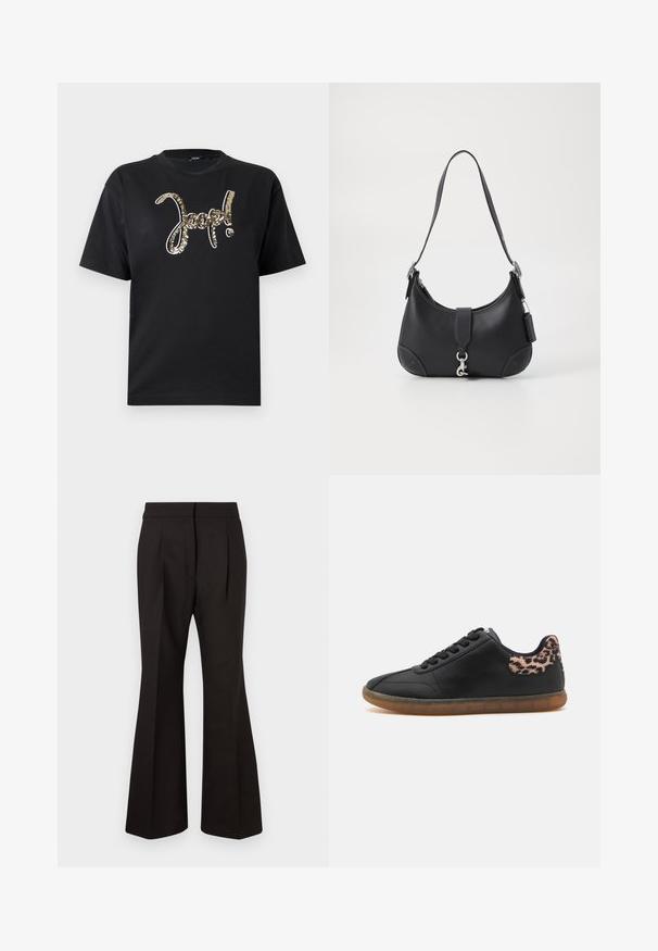 T-shirt en coton noir avec un grand logo en sequins métalliques dorés. Manches courtes et encolure ronde classique. Design simple et épuré.; Pantalons évasés noirs au tissu lisse, dotés d'une taille haute, de poches latérales et de pinces à l'avant pour un détail de design supplémentaire.; Baskets noires avec une tige en cuir lisse, embout rond, accent en imprimé léopard texturé sur le talon et une semelle en gomme translucide.; Sac à main en cuir noir de forme courbe, avec une poignée supérieure, des éléments en métal argenté et des surpiqûres contrastantes. Il présente une sangle à l'avant et des détails de surpiqûres.