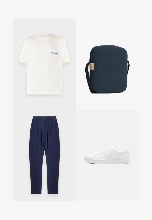Creme kortærmet t-shirt lavet af blød bomuld, med et lille blåt trykt logo på venstre brystområde. Classic crew neck design.; Marineblå bukser lavet af tekstureret stof med elastisk talje, knaplukning og to frontfolder for ekstra designfunktion.; Hvid lavtop-sneaker med snørelukning, glat læderoverdel og tyk gummisål vist i sideprofil mod en ensfarvet baggrund.; Kompakt mørkeblå crossbody taske med afrundede kanter, beige sideremmer og en justerbar sort strop.