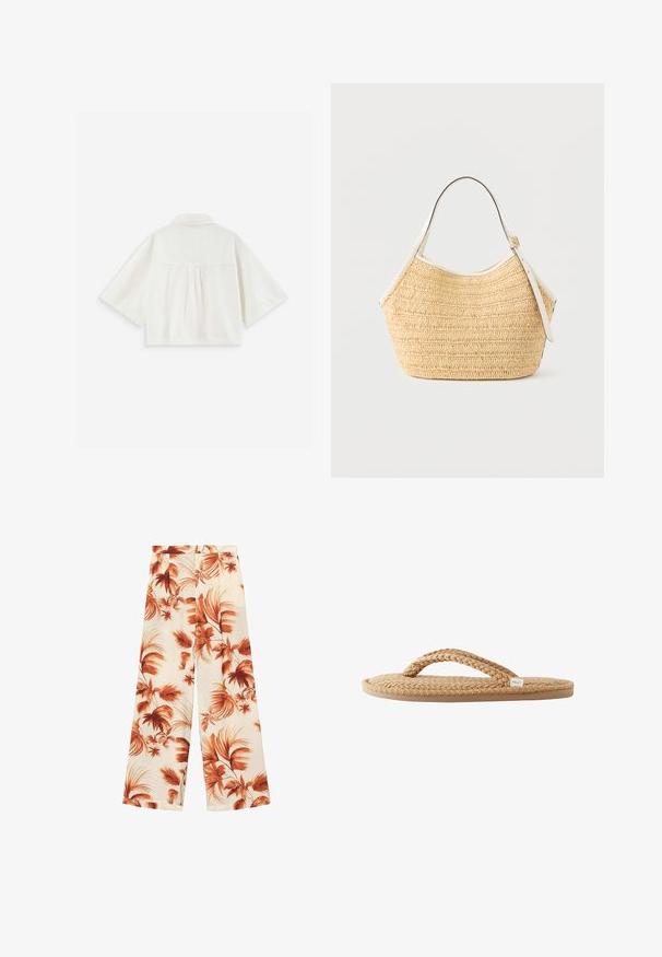 Off-white cropped skjorte med vide ærmer, en rygskulder, og centralt placeret lægdetalje, vist fladt på en hvid baggrund.; Vide benbukser i et let materiale, der har en off-white bund med store rustfarvede bladmønstre og en glat tekstur.; Beige flet-sandal med flad sål og en lille hvid stofmærkat på remmen.; Beige flettet stråhåndtaske med hvidt læderkanter og justerbar skulderrem, vist mod en ensartet lys baggrund.