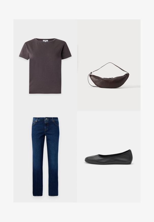 T-shirt uni gris foncé à manches courtes et col rond avec une étiquette intérieure visible sur fond blanc.; Jean en denim bleu foncé avec une coupe droite, doté d'une taille classique, de cinq poches et de détails de couture subtils sur les coutures.; Ballerines en cuir noir avec un bout rond, texture lisse, détails de couture minimalistes et design de semelle flexible.; Sac d'épaule en cuir marron foncé en forme de croissant avec une lanière courbée et des coutures visibles sur fond uni.