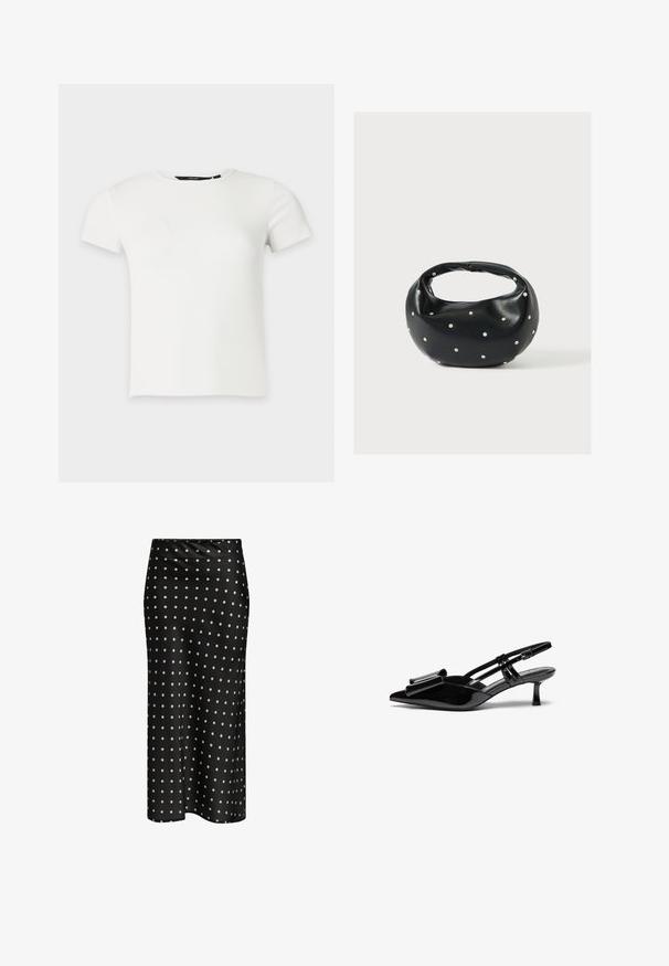 T-shirt blanc à manches courtes en maille côtelée avec col rond, présenté sur un fond uni gris clair.; Jupe en satin noir avec une silhouette ajustée et des pois crème, texture lisse, longueur mi-mollet, ourlet sans couture.; Talons aiguilles en cuir verni noir avec un bout pointu, un détail en nœud à l'avant et un petit talon stiletto. Les brides sont équipées de boucles ajustables.; Sac à main en cuir noir de forme arrondie, décoré de clous argentés et équipé d'une poignée courte. Texture lisse et fermeture éclair.