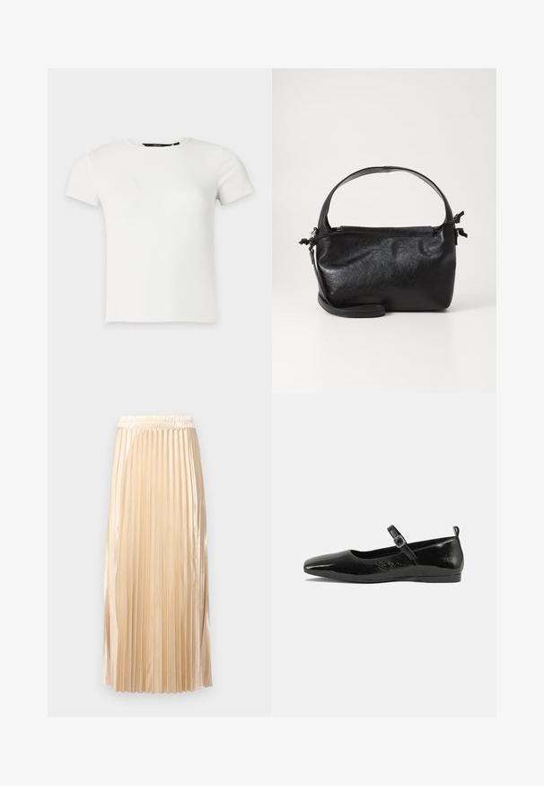 Hvid kortærmet ribstrikket t-shirt med rund halsudskæring, vist på en ensartet lys grå baggrund.; Plisseret midiskirt i lys beige satin med elastik i taljen og glat overflade, med lodrette striber der fremhæver designet.; Sorte patentlæder flade sko med spidse tæer, en ankelrem med spænde og en glat, blank tekstur. Lav hæl for komfort.; Sort læderhåndtaske med et struktureret design, rund tophåndtag og aftagelig skulderrem. Den har en glat tekstur og en subtil glans.