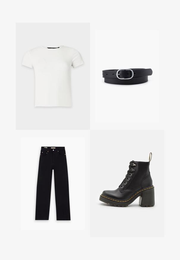 Weißes kurzärmeliges, geripptes Strick-T-Shirt mit Rundhalsausschnitt, dargestellt vor einem schlichten hellgrauen Hintergrund.; Schwarze Denim-Jeans mit geradem Schnitt, fünf Taschen, Kupferbeschlägen und einer glatten Textur. Zwei Etiketten sind am Bund sichtbar.; Schwarze Lederstiefelette mit einem klobigen hohen Absatz, Schnürung vorne, metallischen Ösen und gelben Nähten entlang der Sohle. Strukturierten Gummiaußensohle.; Schwarzer Leder Gürtel mit glatter Textur, ovaler silberner Metallschnalle und mehreren Einstelllöchern entlang des Riemens. Flaches, minimalistisches Design.