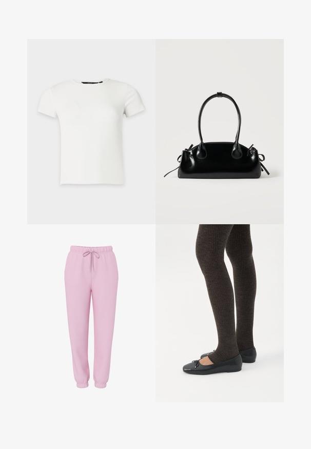 Wit geribbeld gebreid T-shirt met korte mouwen en een ronde hals, weergegeven op een effen lichtgrijze achtergrond.; Lichtroze joggingsbroek met elastische tailleband, trekkoord, zijzakken en elastische boorden, afgebeeld op een witte achtergrond.; Benen met donkere geribbelde leggings gecombineerd met zwarte ballerina's met kleine strikdetails op een witte achtergrond.; Kleine zwarte glanzende handtas met twee lange hengsels en zijkant trekkoord details op een effen lichte achtergrond.