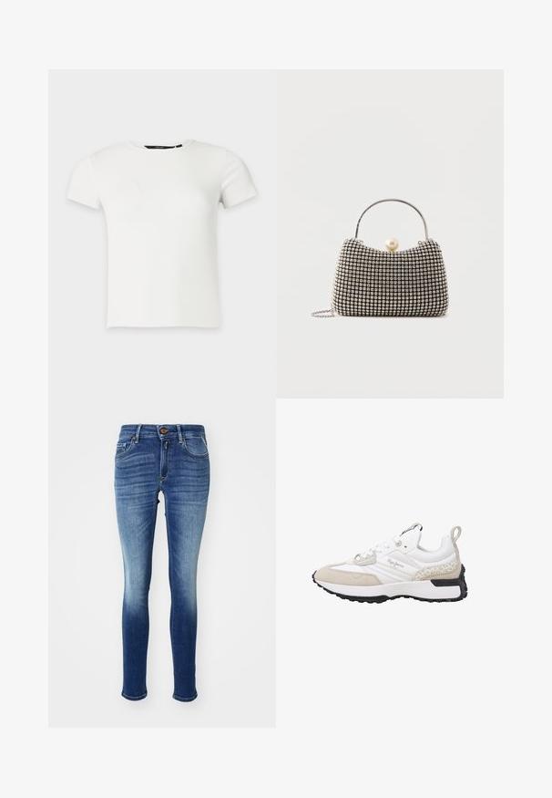 Valge lühikestevarrukatega soonikkoega t-särk ümar kaelusega, esitatud lihtsal helehallil taustal.; Kitsad teksad Gradient sinine denims, viie tasku, nööp sulgemise ja hellitava pleekimisega pahkluu suunas. Klassikaline disain.; Valge ja beež tennisejalanõu, mis on valmistatud seemisnahast ja võrgust materjalidest, tekstuursete detailidega, ümara otsaga ning kummist tald. Küljel on logoga detail.; Väike käekott hõbedase võrgumustriga, kõver käepide, suur pärlikinnitus ja õhuke hõbedane kettsahtel lihtsal taustal.