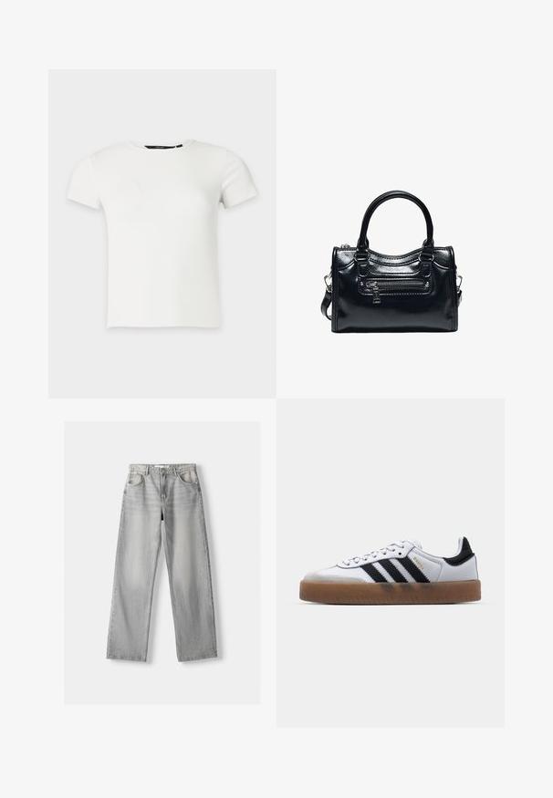 Weißes kurzärmeliges, geripptes Strick-T-Shirt mit Rundhalsausschnitt, dargestellt vor einem schlichten hellgrauen Hintergrund.; Helle graue Jeans aus Denim mit geradem Bein, ausgestattet mit zwei vorderen Taschen, einem Knopfverschluss und subtilen Abnutzungen für Struktur.; Weiße Leder Sneakers mit schwarzen Streifen, Gummigummi-Außensohle, runder Zehenform, Schnürverschluss und weichem grauem Wildleder-Zehenkappe.; Schwarze glänzende Lederhandtasche mit zwei Griffen, vorderer Reißverschlusstasche und abnehmbarem Schulterriemen auf weißem Hintergrund.