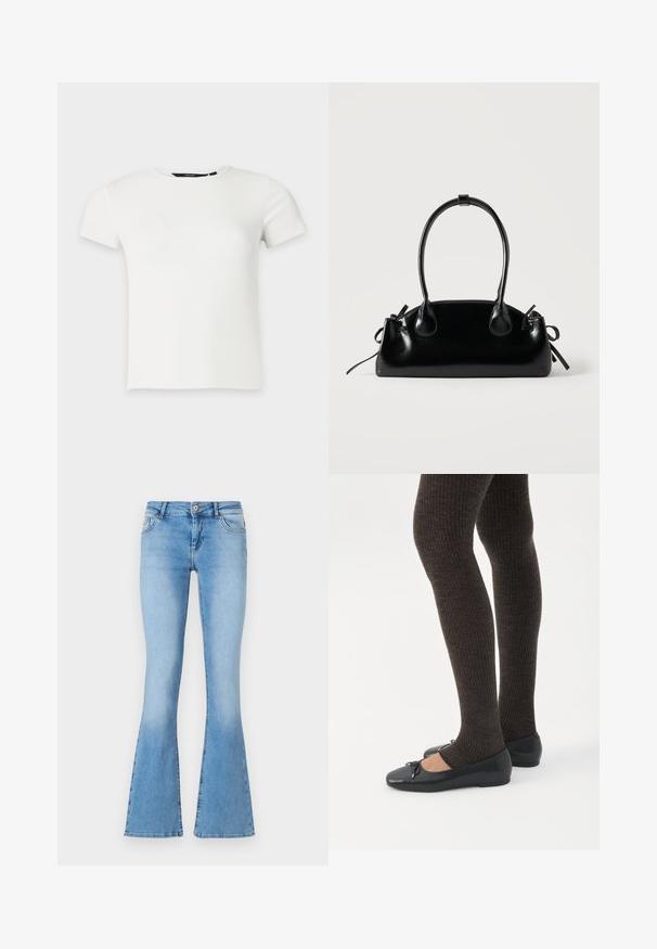 Wit geribbeld gebreid T-shirt met korte mouwen en een ronde hals, weergegeven op een effen lichtgrijze achtergrond.; Lichtblauwe uitlopende jeans van denim met een middellange taille, voorzien van zijzakken en stiksels langs de naden en zoom.; Benen met donkere geribbelde leggings gecombineerd met zwarte ballerina's met kleine strikdetails op een witte achtergrond.; Kleine zwarte glanzende handtas met twee lange hengsels en zijkant trekkoord details op een effen lichte achtergrond.