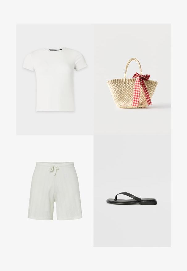 T-shirt blanc à manches courtes en maille côtelée avec col rond, présenté sur un fond uni gris clair.; Shorts en tricot blancs avec une taille élastique et un cordon de serrage. Dotés de rayures texturées et d'une coupe décontractée. Tissu doux pour le confort.; Tongs noires en cuir lisse, avec un design de sangle fine et une semelle plate à profil minimal. Aucun motif ou accent notables.; Sac cabas en paille tissée avec des poignées tressées et un ruban à carreaux rouge et blanc noué en un nœud d'un côté.