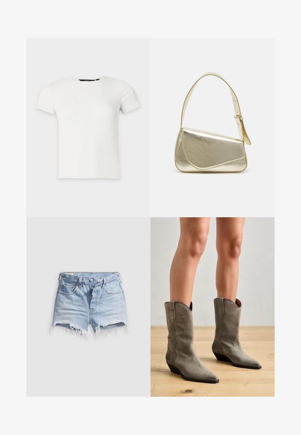 Wit geribbeld gebreid T-shirt met korte mouwen en een ronde hals, weergegeven op een effen lichtgrijze achtergrond.; Lichtblauwe denim short met afgeknipte pijpen en rafelige zoom, vijf zakken en een knoopsluiting. De stof is zacht en heeft een licht versleten uitstraling.; Pavement NIKKI - Cowboy-/Bikerlaarzen - khaki; Gouden metallic handtas met een gestructureerd ontwerp, gladde textuur en verstelbare schouderband. Kenmerkt zich door een unieke driehoekige vorm en minimalistische stiksels.