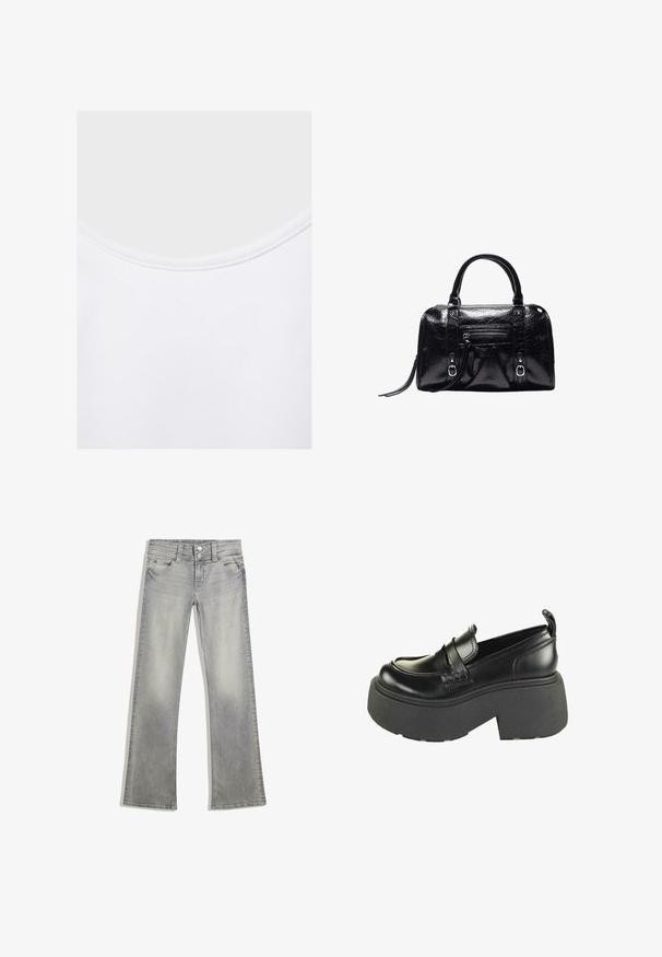 Close-up van witte stof met een afgeronde halslijn en zichtbare stiksels langs de kraagrand.; Grijze denim flared jeans met een vervaagde afwerking, voorzien van een knoopsluiting, vijf zakken en gestikte details langs de tailleband en zoom.; Zwarte leren instappers met een opvallende dikke zwarte plateauzool, voorzien van een gestikt ontwerp en een band over de bovenkant.; Zwarte glanzende leren handtas met twee handvatten, voorvak met rits, gespdetails en een polsbandje op een witte achtergrond.