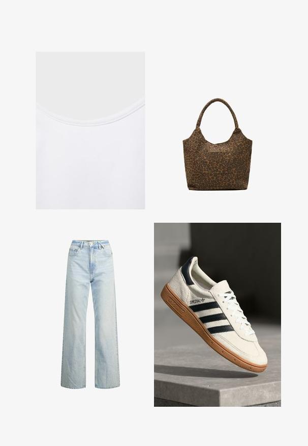 Nahaufnahme eines weißen Stoffes mit rundem Ausschnitt und sichtbaren Nähten am Kragenrand.; Helle Jeans im Weitbeinen-Schnitt mit hoher Taille, klassischem Fünf-Taschen-Design und Kontrastnähten. Gerader Bein-Schnitt und fransiger Saum.; Weiße Wildleder-Sneaker mit marineblauen Streifen, Gummisohle, strukturiertem Obermaterial, runder Zehenform und Schnürung; mit Branding an der Seite und auf der Zunge.; Braune Tote-Tasche mit dunklem Leopardenmuster und einer Fronttasche, ausgestattet mit zwei abgerundeten Griffen zum Tragen.