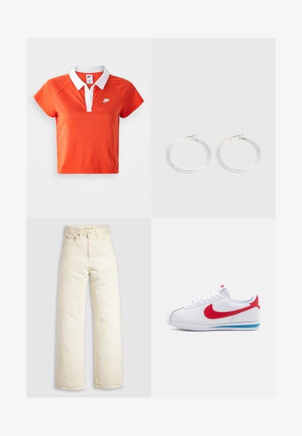 Camisa polo naranja con cuello blanco, de manga corta y logo de Nike en blanco en el lado izquierdo del pecho. Fabricada en una suave mezcla de algodón.; Pantalones vaqueros de pierna ancha en denim color blanco roto, con cintura alta, remaches de cobre y diseño clásico de cinco bolsillos. Tejido texturizado con dobladillos limpios.; Zapatilla blanca con un swoosh rojo, acentos azules en la suela y cordones blancos. Parte superior texturizada con detalles de costura. Diseño clásico.; Pareja de pendientes de aro plateados brillantes con cierres de alambre delgado, mostrados sobre un fondo gris claro.
