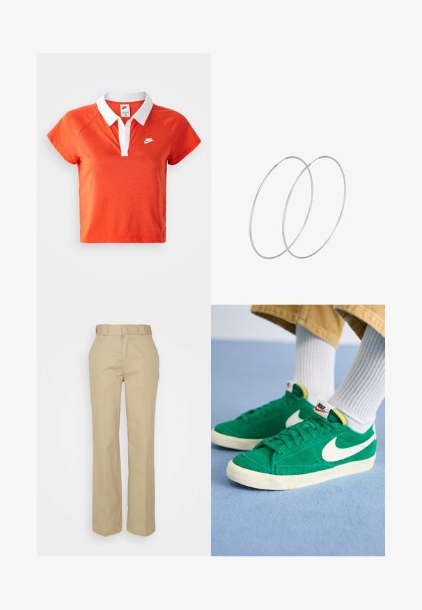 Oranssi polo-paita, jossa on valkoinen kaulus, lyhyet hihat ja valkoinen Nike-logo vasemmassa rinnassa. Valmistettu pehmeästä puuvillasekoitteesta.; Beige, muotoutuneet housut suoran lahkeen muotoilulla, vyölenkit vyötäröllä ja sileä puuvillamainen rakenne. Yksinkertainen ja käytännöllinen.; Vihreät mokkasiinikenkäparit, joissa on valkoinen Nike-logon swoosh, kumipohja ja pehmustettu varsi. Teksturoitu pinta, jossa on litteät nauhat ja kirkkaat väriakcentit.; Hopehope hopeilla, joissa on minimalistinen muotoilu. Pyöreä muoto, sileä pinta ja ohut profiili. Kevyet ja kiillotetut.