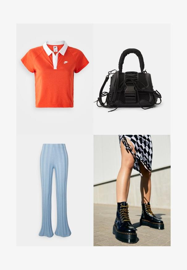 Orange polo skjorte med hvid krave, korte ærmer og Nike-logo i hvidt på venstre bryst. Lavet af et blødt bomuldsblandingsmateriale.; Even&Odd Bukser - blue; Sorte læder platform støvler med chunky såler, guld snørebånd og orange syninger, kombineret med en ternet nederdel med en sideslids.; Sort håndtaske med en netlignende overflade, vævet håndtag og dekorativ snøring. Indeholder aftagelig rem og kontrasterende metaldele.