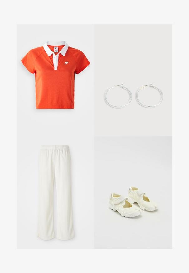 Orange polo skjorte med hvid krave, korte ærmer og Nike-logo i hvidt på venstre bryst. Lavet af et blødt bomuldsblandingsmateriale.; Cremefarvede bukser med bred ben-design, lavet af letvægtsmateriale, med lodrette striber og en elastisk talje.; Hvide net sko med et struktureret design, der har en velcro-rem og udskårne sider, tekstureret stof og en kraftig sål.; Par skinnende sølvøreringe med tynde trådlåse, vist på en lys grå baggrund.