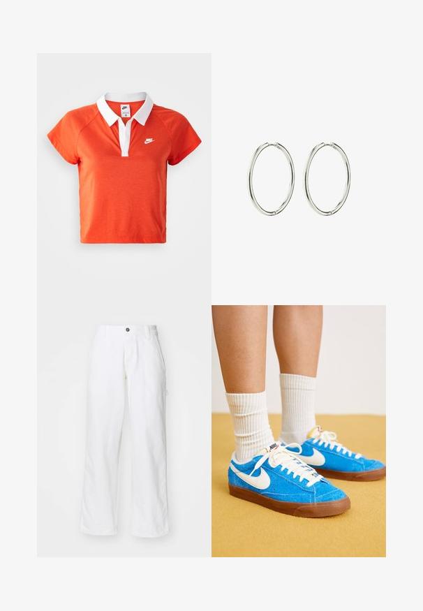 Oranžová polo košeľa s bielym golierom, krátkym rukávom a bielym logom Nike na ľavej hrudi. Vyrobená z mäkkej bavlnenej zmesi.; Biele bavlnené nohavice so strihom rovného nohavého, s gombíkovým zapínaním, bočnými vreckami a voľným strihom. Hladká textúra.; Modré semišové tenisky Nike s bielymi akcentmi, plochými šnúrkami a hnedými gumovými podrážkami, doplnené o rebrové biele ponožky.; Strieborné kruhové náušnice s hladkým a lešteným povrchom. Okrúhly tvar, ľahký dizajn, s bezpečným zapínacím mechanizmom.