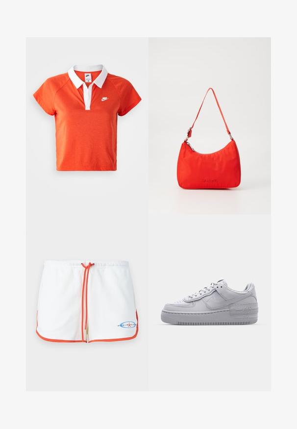 Käesolev oranž polo-särk, millel on valge krae, lühikesed varrukad ja valge Nike logo vasakul rinnal. Särk on valmistatud pehmest puuvilla segust.; Valged lühikesed püksid oranžide paelte ja ääristustega. Omab graafilist logo sinise ja punase värviga. Pehme kangas ja lõdva disainiga.; Hallitus hallid Nike Air Force 1 sneakerid, millel on augustatud varvas, siledast nahast ülemine osa, paks tall ning reljeefne 'AIR' detail kontsapadjal.; Punane nailonist käekott kaarjaga siluetti, ühe rihmaga, hõbedaste detailidega ja ette pressitud logo kõige peal. Sile tekstuur.