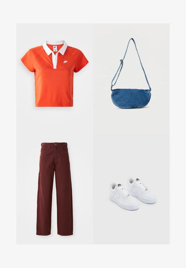 Käesolev oranž polo-särk, millel on valge krae, lühikesed varrukad ja valge Nike logo vasakul rinnal. Särk on valmistatud pehmest puuvilla segust.; Burgundi värvi laiad püksid, millel on siledast puuvillast materjalist valmistatud kangas, ees olev nappide sulgemine, vöökohad ja mitmed taskud.; Valged Nike Air Force 1 sneakerid siledast nahast pealispinnaga, perforeeritud varbaosas, valged paelad ja must trükk keelel.; Sinise teksariidest üleõlakott reguleeritava rihmaga ja väikese metallist logoga ees, valgel taustal eksponeeritud.
