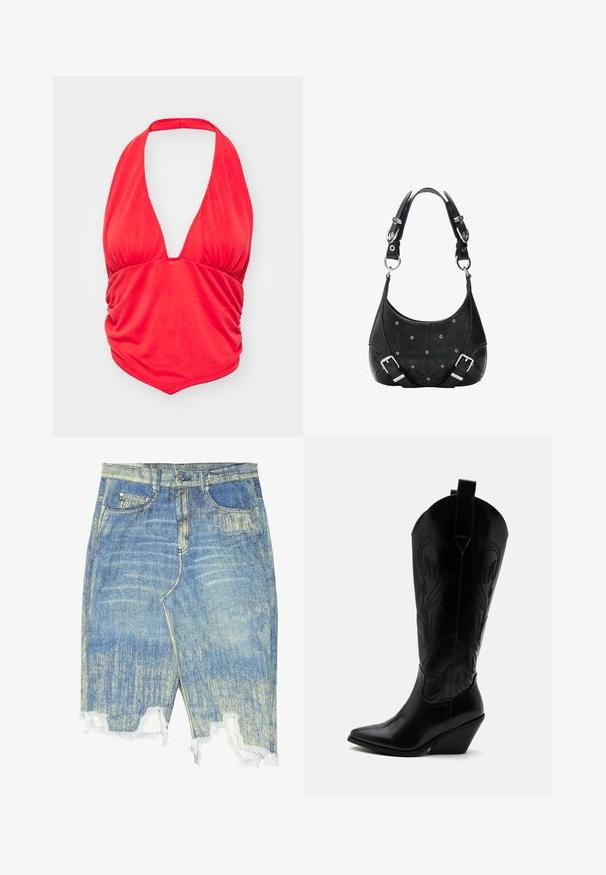 Rotes Haltertop mit tiefem V-Ausschnitt und gerafftem Stoffdetails an der Brust. Glatte Textur und taillierte Passform, geeignet für legere Anlässe.; Jeansrock in Hellblau mit verwaschenem Muster, hoher Taille, ausgefranstem Saum und fünf Taschen. Mit Metallbeschlägen und Gürtelschlaufen.; Schwarzer Leder-Cowboystiefel mit spitzer Zehe, schrägem Blockabsatz, dekorativer Naht und Zuglaschen oben vor weißem Hintergrund.; Schwarze Lederschultertasche mit silbernen Schnallen und Beschlägen, floraler Prägung und Ösendetails auf der Vorderseite.