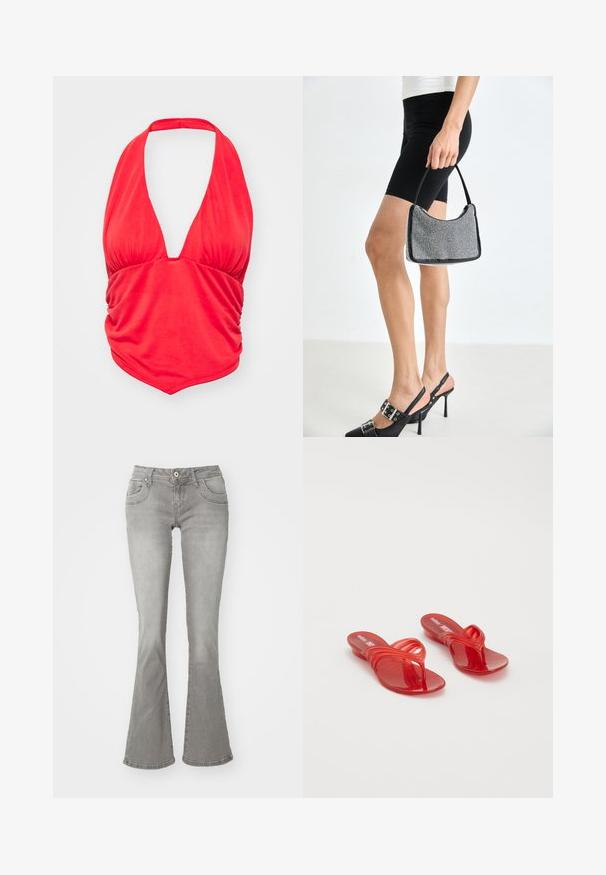 Rotes Haltertop mit tiefem V-Ausschnitt und gerafftem Stoffdetails an der Brust. Glatte Textur und taillierte Passform, geeignet für legere Anlässe.; Graue Schlagjeans mit mittelhoher Taille, Fronttaschen und Knopfverschluss, aus Denimstoff mit glatter Textur.; Melissa QUANTUM THONG X DIESEL - Zehentrenner - red; Schwarze Perlen-Handtasche mit geschwungener Silhouette, Tragegriff und glänzender Textur. Kombiniert mit schwarzen High Heels und enganliegenden schwarzen Shorts.